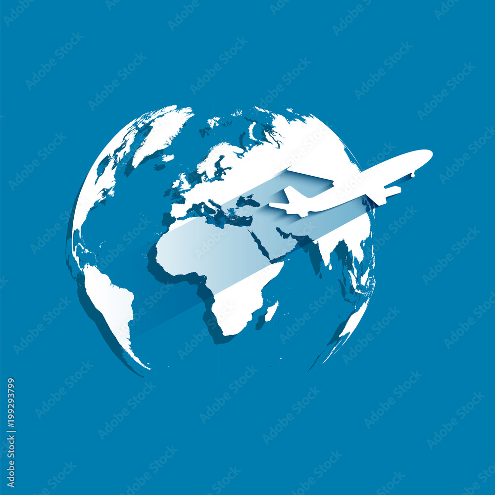 Fototapeta premium Planet Earth on dark blue background with flying up white airplane. Vector illustration in paper-cut style design.