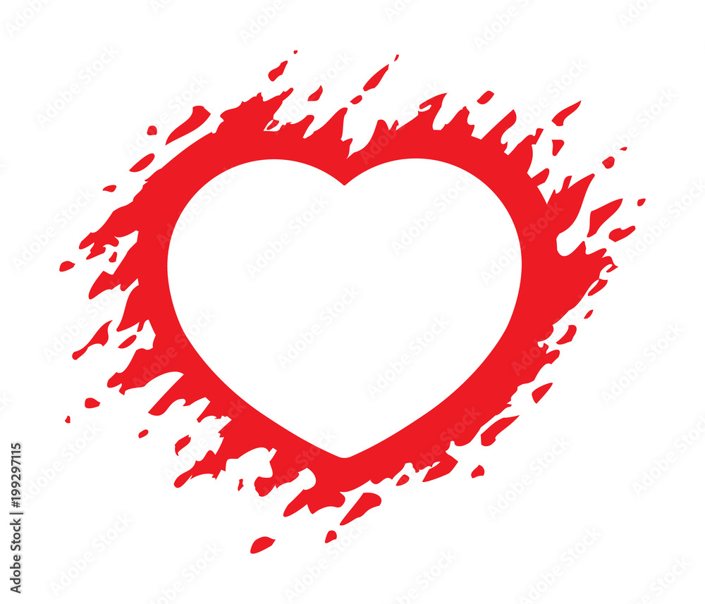 Grunge red heart shape vector illustration isolated on white. Heart shaped frame