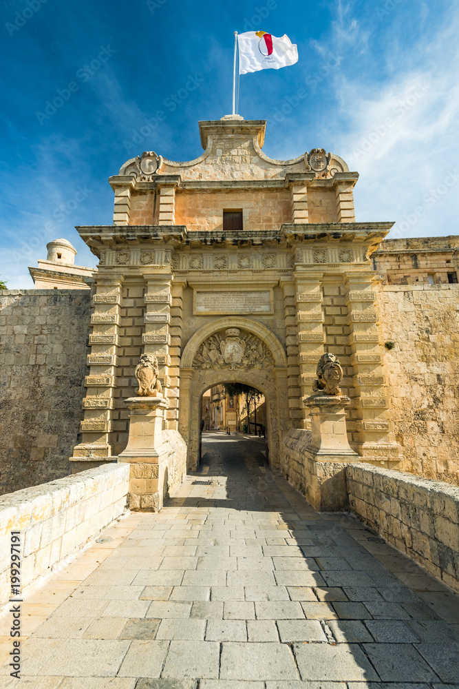 Fortified gate to Mdina,Silent City in Malta