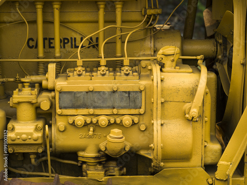 Clost up of the engine of caterpillar truck, British Columbia, Canada