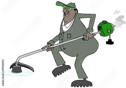 Illustration of a black worker in coveralls using a gas powered weed-whacker.