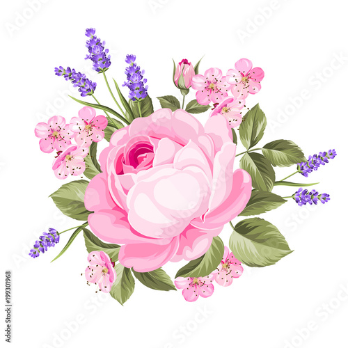 Fototapeta Naklejka Na Ścianę i Meble -  Spring flowers bouquet of color bud garland. Label with rose and lavender flowers. Vector illustration.