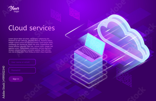 Isometric vector illustration showing the cloud computing services concept laptop and web servers. Cloud data storage.. Ultraviolet colors. Abstract tech background