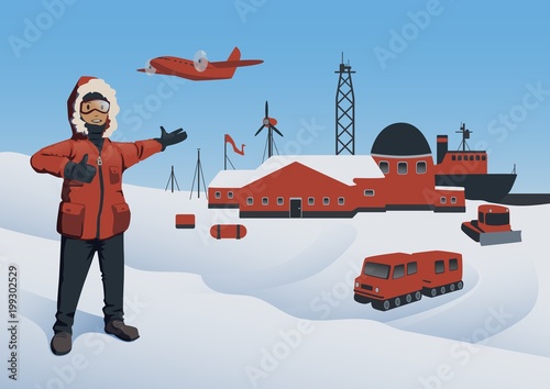 Antarctica and North Pole. Polar Explorer at the research station. Offshore oil production. Vector illustration.