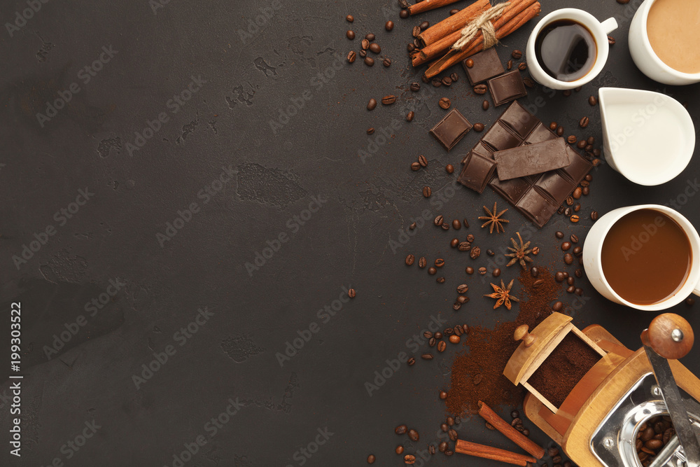 Fototapeta premium Top view on various coffee cups, scattered beans and spices, bac