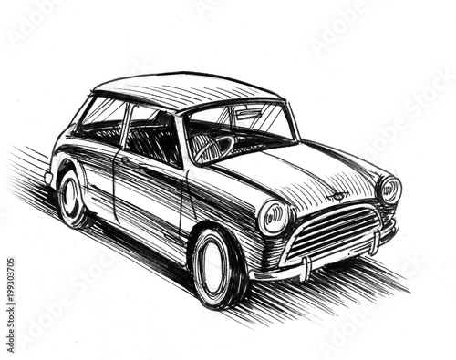 Ink black and white illustration of a vintage British car photo