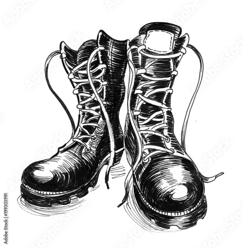 Ink black and white illustration of a military boots photo