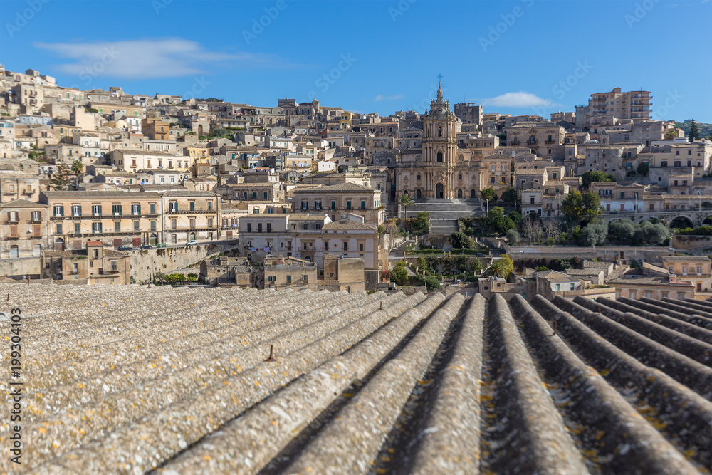 View of Modica and the San Giorgio cathedral, Sicily,  Italy