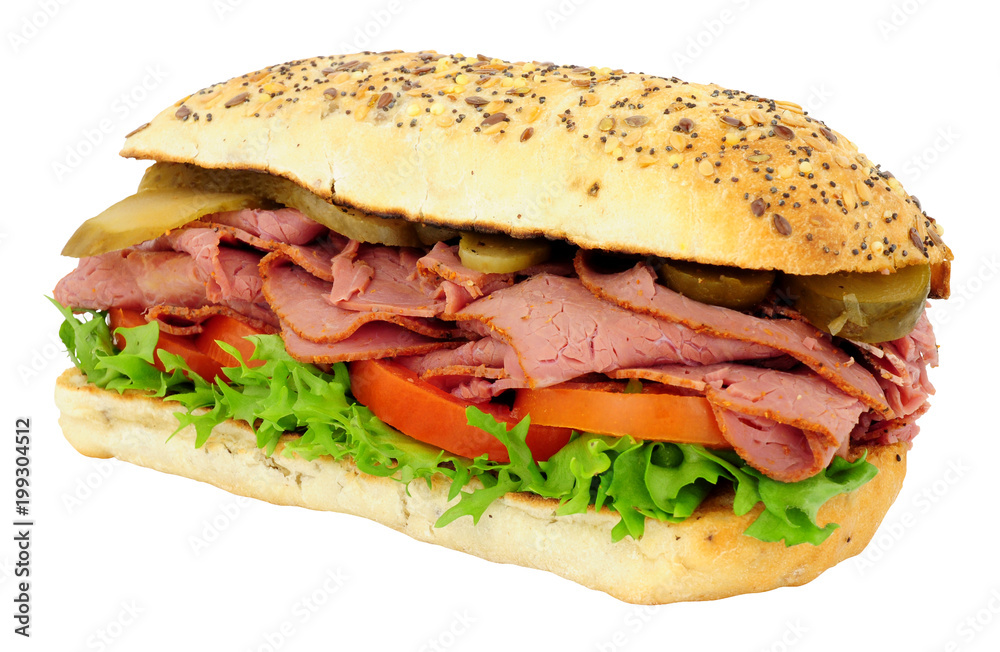 Beef pastrami and salad sandwich isolated on a white background Beef pastrami and salad sandwich isolated on a white background