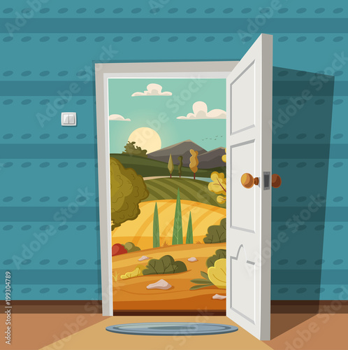 Open door. Valley landscape. Cartoon vector illustration. Vintage poster. Welcome to summer