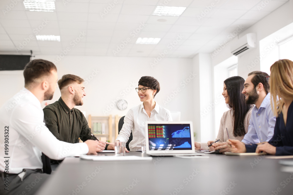 Office employees having meeting in conference room. Finance trading