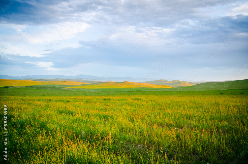 View of the steppe at sunset, grass, hills