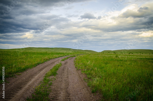 Road in the steppe, sky in the clouds