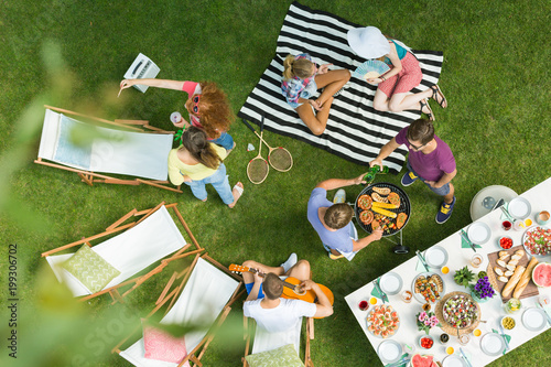 High angle of barbecue party