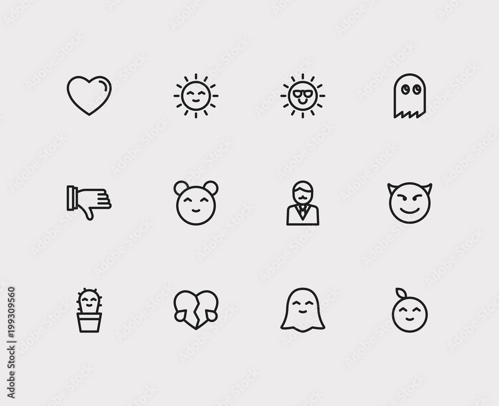 Emoji icons. Set of broken heart love, emoji sun and cute cactus ...