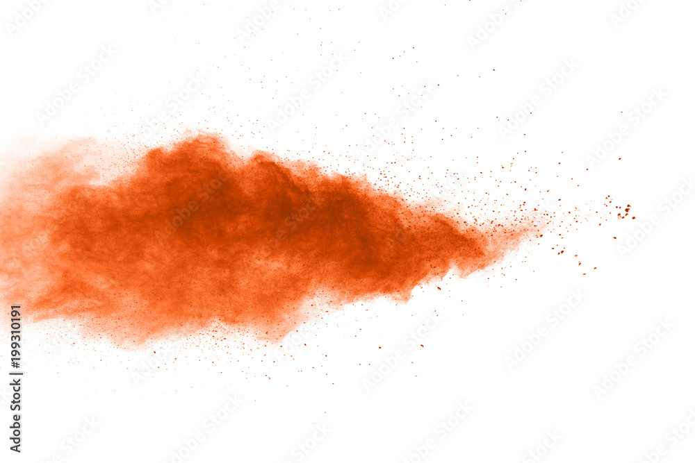 abstract orange powder explosion on white background. abstract orange dust splattered on clear background. Freeze motion of orange powder splash. Painted Holi in festival. abstract orange powder explosion on white background. abstract orange dust splattered on clear background. Freeze motion of orange powder splash. Painted Holi in festival.