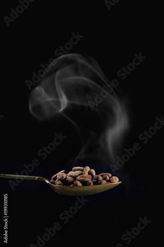 Spoon with toasted cocoa beans