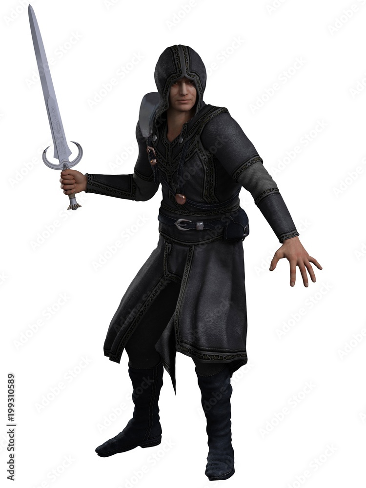 Rogue Swordsman in Leather Armour Advancing to Attack - fantasy illustration Rogue Swordsman in Leather Armour Advancing to Attack - fantasy illustration
