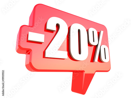 Minus 20 percent off sign on glossy red rectangle bubble isolated on white background