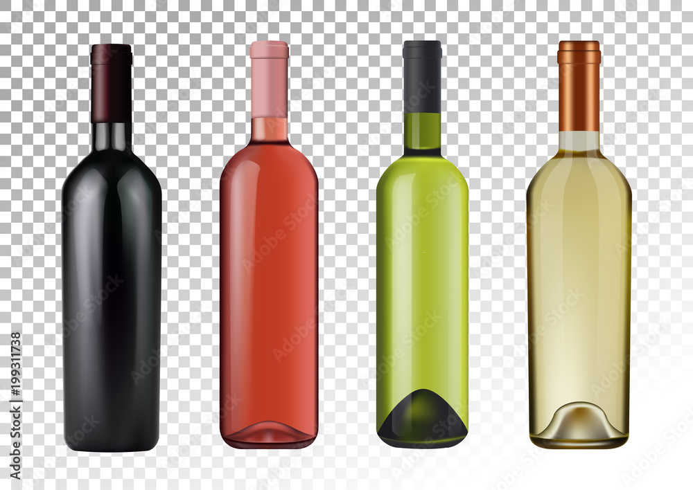 Vector illustration. Set of wine bottles in photorealistic style. Pink, white, red wines. A realistic objects on a transparent background. 3D Realism. Vector illustration. Set of wine bottles in photorealistic style. Pink, white, red wines. A realistic objects on a transparent background. 3D Realism.