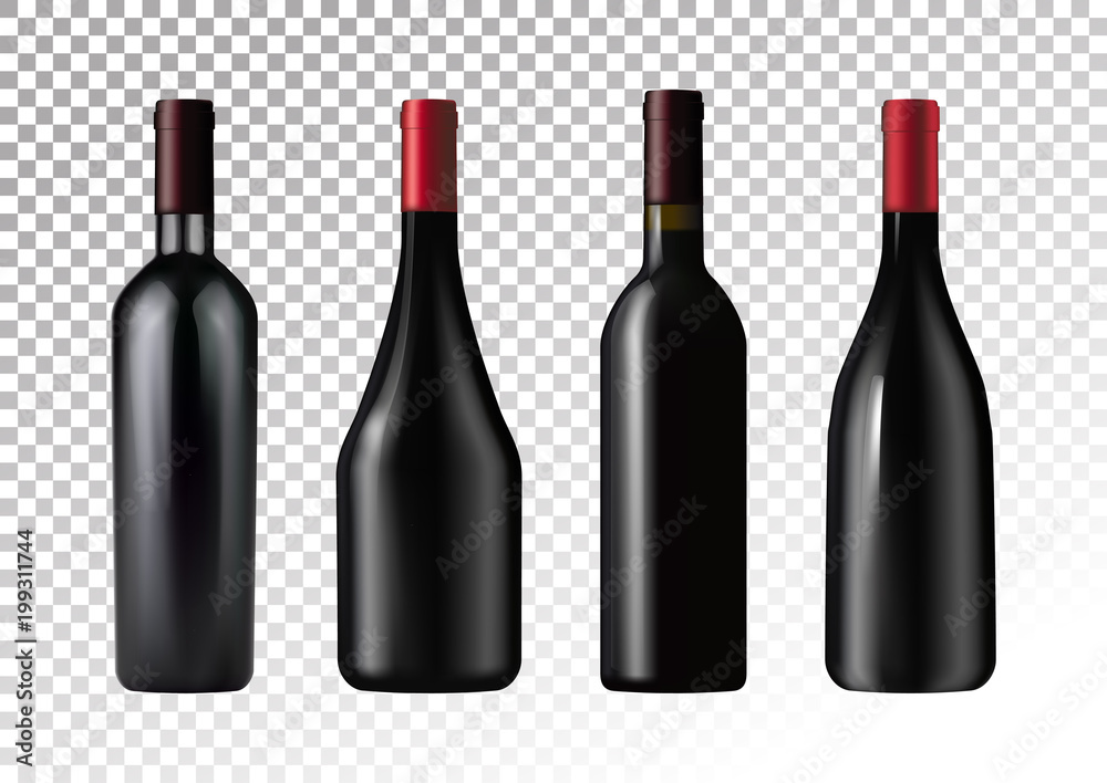 Vector illustration. Set of red wine bottles in photorealistic style. A realistic objects on a transparent background. 3D Realism. Vector illustration. Set of red wine bottles in photorealistic style. A realistic objects on a transparent background. 3D Realism.