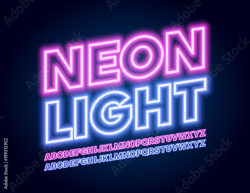 Vector Colorful Neon glowing Font. Light Set of Bright Alphabet Letters, Numbers and Symbols