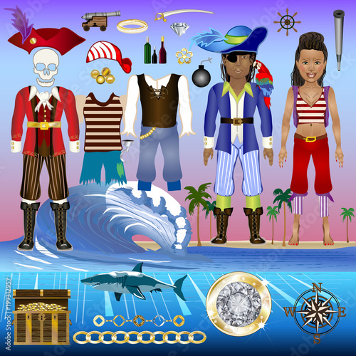 Pirate Elements Vector Kit - Posable Dressable Characters with Detailed Costumes - Objects Animals & Elements - For print, web, apps, games, media