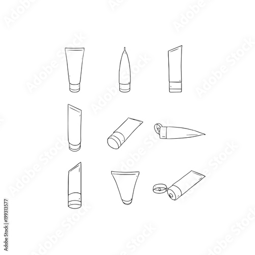 Hand drawn vector illustration of blank template packaging tube front back profile side view set on white background.