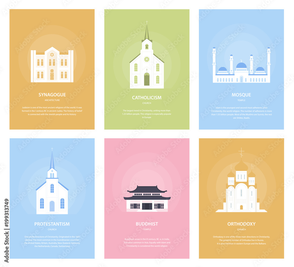 Temples. Collection of buildings. Church of world religions. Orthodoxy, Judaism, Protestantism, Catholicism, Islam, Buddhism. Traditional architecture. Vector illustration