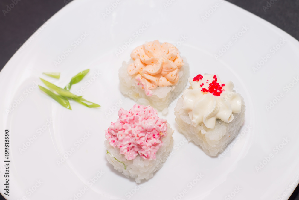 Set of sushi rolls. Asian food. Japanese restaurant. Dietary and healthy food Set of sushi rolls. Asian food. Japanese restaurant. Dietary and healthy food