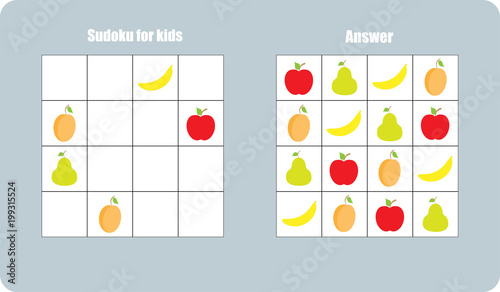 Sudoku game with fruit (apple, banana, pear, apricot) for children, easy level, education game for kids, preschool worksheet activity, task for the development of logical thinking, vector illustration