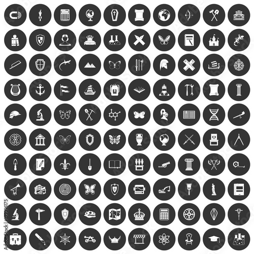 100 archeology icons set black circle