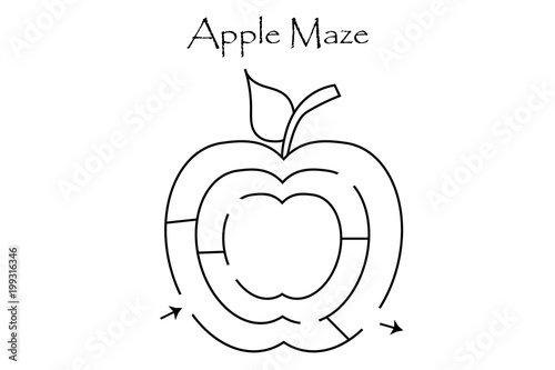 First labyrinth game, find a way out of the maze, easy level for toddlers, cartoon apple, preschool worksheet activity for kids, task for the development of logical thinking, vector illustration