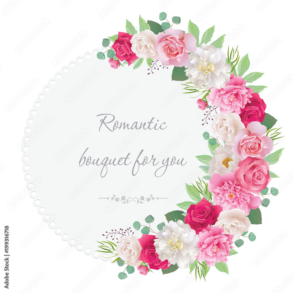 Romantic semicircle garland frame with red and pink roses, white and pink peonies. Can be used as invitation for wedding, birthday, thank you card, Valentine's Day and other holiday. EPS 10