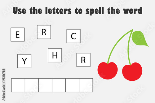 Use the letters to spell the word, cherry in cartoon style, educational spelling scramble game for the development of children, kids preschool activity, printable worksheet, vector illustration