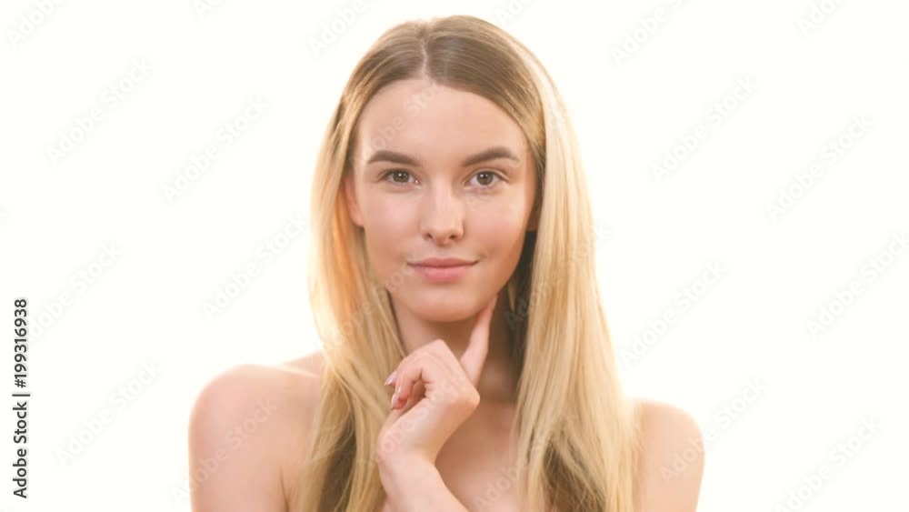 The happy woman flirts on the white background The happy woman flirts on the white background