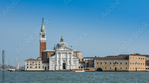 Saint George Church and its bell tower overlooking the historic centre of Venice, Italy on the Giudecca Canal. © Alexandre Rotenberg