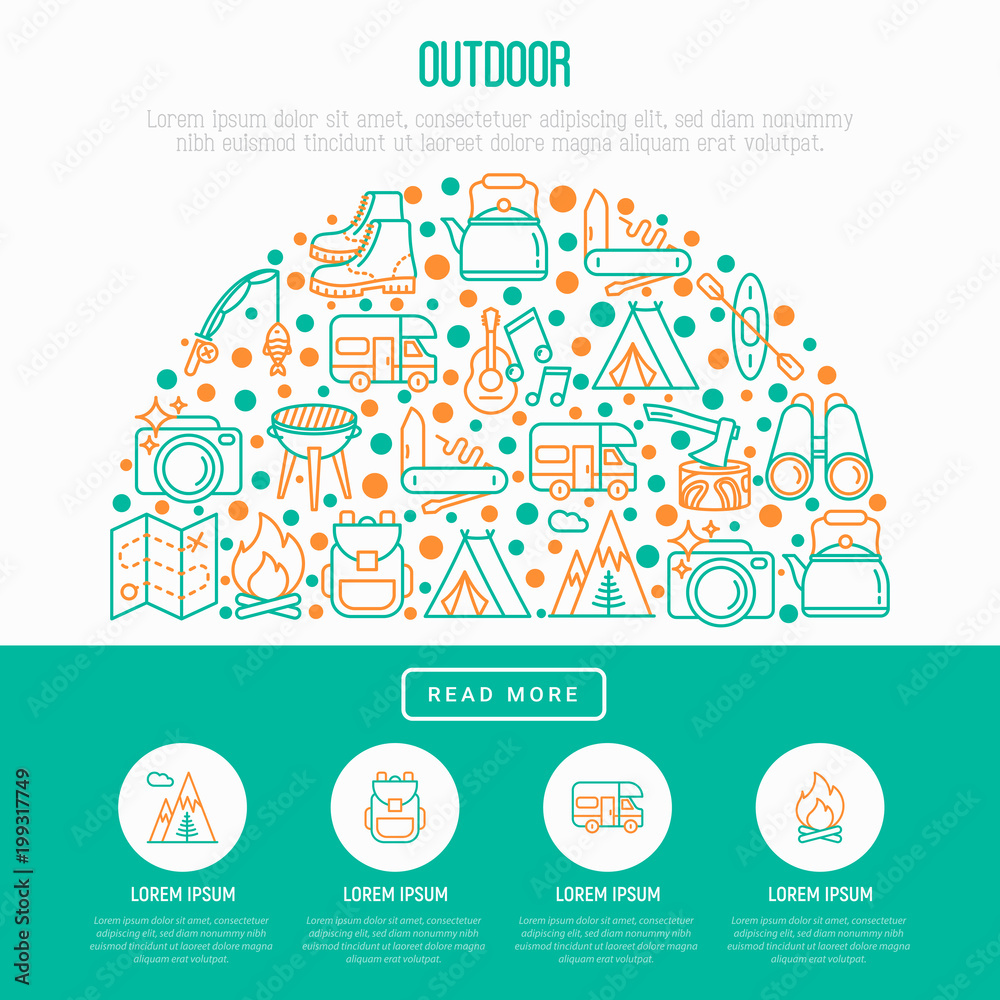 Outdoor concept in half circle with thin line icons: mountains, backpack, uncle boots, kettle, axe, map, swiss knife, canoe, camera, fishing rod, binoculars. Vector illustration, web page template.