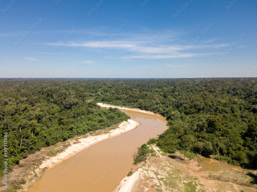 Aerial view of the Abuna River that divides the Brazilian and Bolivian Amazon border.