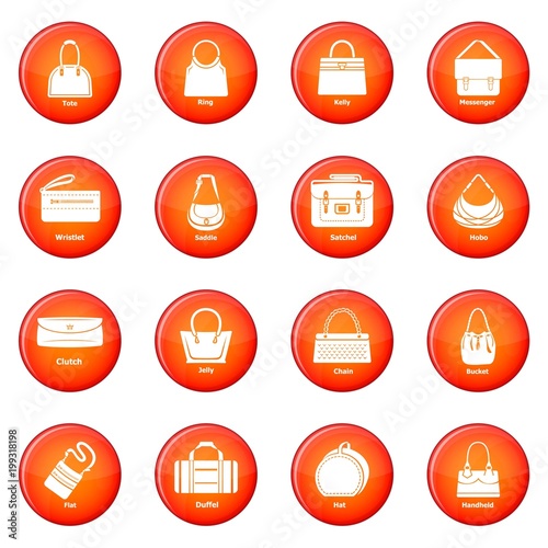 Woman bag types icons set red vector