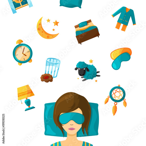 Woman sleep in mask and elements set for dream