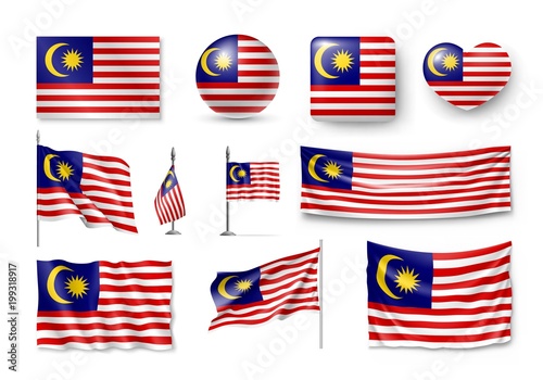 Set Malaysia flags, banners, banners, symbols, flat icon. Vector illustration of collection of national symbols on various objects and state signs