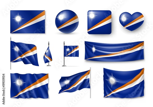 Set Marshall Islands realistic flags, banners, banners, symbols, icon. Vector illustration of collection of national symbols on various objects and state signs