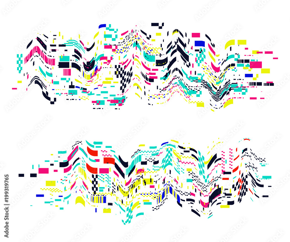 Fototapeta premium Glitch distorted elements. Сolorful abstract design with pixel noise. Trendy cover background for posters, banners, flyers, placards, brochures. Vector illustration