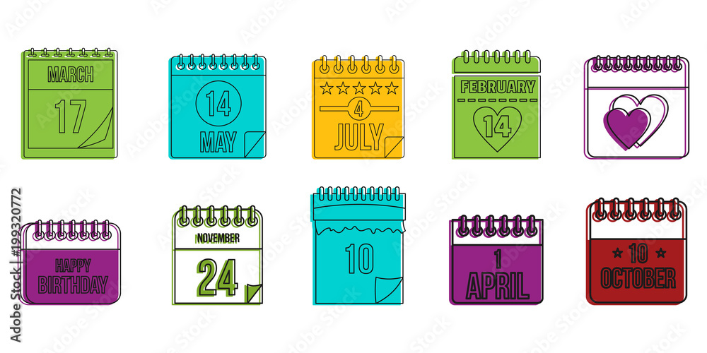 Calendar icon set, color outline style Calendar icon set, color outline style