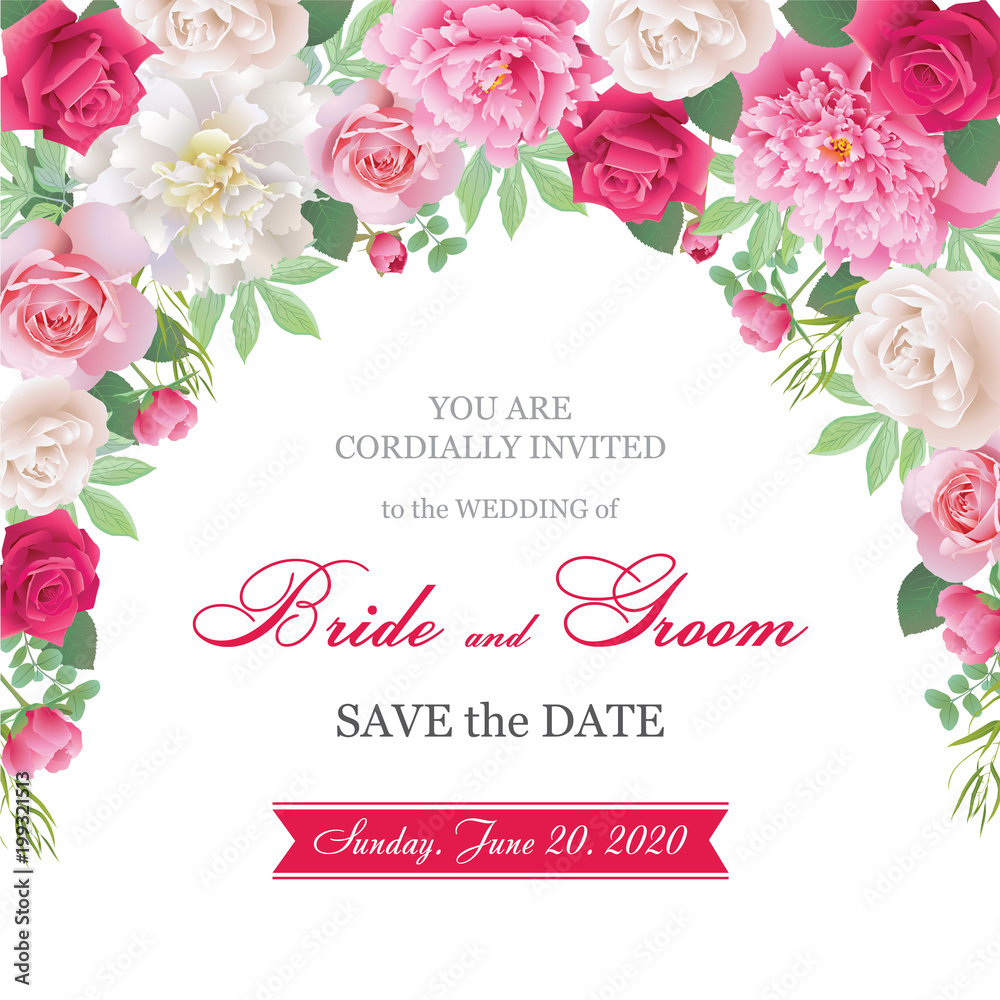 Wedding invitation cards with roses and peonies.Beautiful white and red roses, pink and white peonies. (Use for Boarding Pass, invitations, thank you card.) Vector illustration. EPS 10