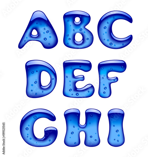 Set of blue gel, ice and caramel alphabet capital letters isolated on white