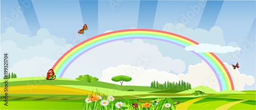 Horizontal illustration of spring meadow with flowers and rainbow vector