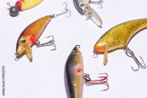Fishing accessories, Sudak, Russia, April 26, 2018: Spoon-baiters for fishing on a white background