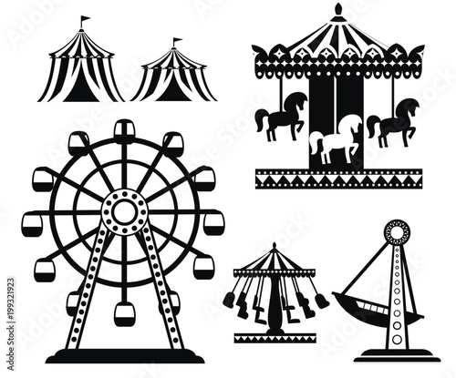Black silhouette. Set of carnival circus icons. Amusement park collection. Tent, carousel, ferris wheel, pirate ship. Cartoon style design. Vector illustration isolated on white background
